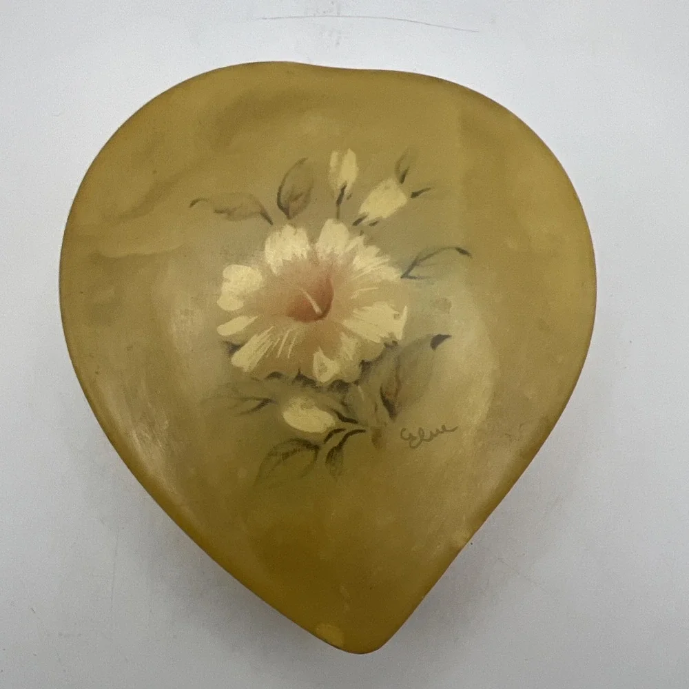Vintage George Good Italian Alabaster Trinket Box Heart Hinged Painted Flower